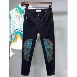 Men's Jeans Pants Skull Head Rhinestone Design Male Trousers Summer New Homme Handsome Stretch Slim Fit Man Cowboy Pants