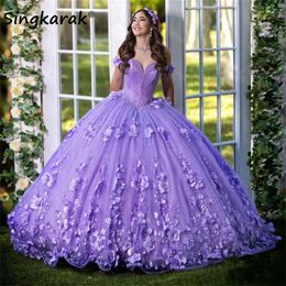 Lavender Lilac Princess Sweet 16 Quinceanera sukienki 2024 kwiaty 3D Aplikacja Perły Krzyki Kryształowe suknia balowa Vestido de 15 anos