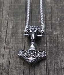 Viking Mjolnir Thor039s Hammer Sheep Heads Stainless Steel Pendant Necklace Scandinavian Pagan Norse Rune Totem Man Amulet Jewe7982636