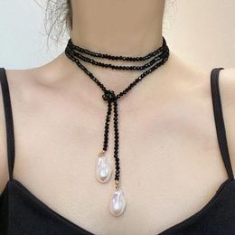 Pendant Necklaces Japanese And Korean Niche Design Baroque Irregular Pearl Long Necklace Light Luxury High Sense Black Crystal Clavicle