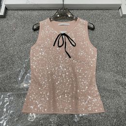 Womens Bow Knitted Vest Summer Sleeveless Tanks Top Sexy Sequin Embroidered Shirt