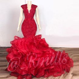 Dark Red Cascading Ruffles Prom Dresses Mermaid 2022 Lace Beaded Organza V-neck Evening Gowns Cocktail Party Dresses robes de soiree 290r