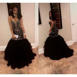 African Black Girl Mermaid Rhinestone Prom Dresses 2019 Bling Sequins Crystal Party Dress V Neck Sexy Formal Evening Gowns Graduation Dress 0510