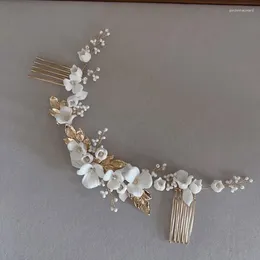 Hair Clips Ceramic Floral Wedding Comb Bridal Vine Piece Gold Silver Color Women Jewelry Hairband Handmade Girls Headpiece