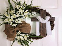 Easter Wreath With Cross Burlap Bow Rustic Grapevine Spring Decorating DIY Front Door Decoration YUHome Decorative Flowers Wrea7634505295