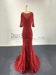 2017 Wine Red Mermaid Evening Dresses vestidos festa with Bateau Neckline Illusion 12 Sleeves V Back Lace Appliques Real Images P3315798