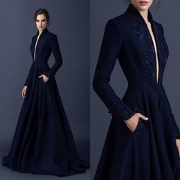 Navy Blue Satin Evening Dresses Embroidery Paolo Sebastian Dresses Custom Made Beaded Formal Party Wear Plunging V Neck Ball Gowns 326Y