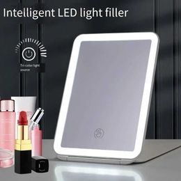 Compact Mirrors 3-color light mode makeup mirror folding LED light touch screen makeup mirror USB charging supplementary mirror d240510