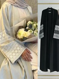 Ethnic Clothing Fashion Embroidery Kimono Robe Femme Musulmane Syari Female Luxury Muslim Modest Open Linen Abaya With Belt Dubai Kebaya