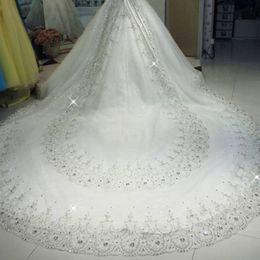 Luxury White 3M Long Rhinestones Cathedral Wedding Veils With Applique Crystals One Layer Tulle Sequined Bridal Veil 207x
