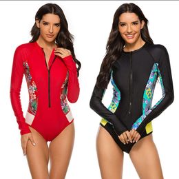 Women's Swimwear New surfing suit swimsuit long sleeved one piece zippered swimsuit womens Snorkelling suit printed slimming diving suit
