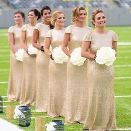 2018 Cheap Sequins Mermaid Bridesmaid Dresses Crew Neck Short Sleeves Backless Long Floor Length Arabic Maid of Honour Wedding Guest Gow 2913
