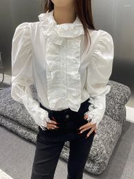 Women's Blouses 2024 French Hollow Lace Stitching Shirt Women Spring Autumn Korean Style White Ruffled Puff Sleeve Elegant Commuting Top