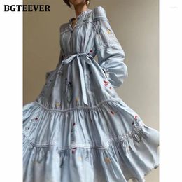 Casual Dresses BGTEEVER Stylish Long Sleeve Lace-up Embroidery Female Dress Elegant Loose Pockets Cotton Linen A-line For Women