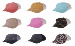 Leopard Ponytail Hats 9 Colours Washed Mesh Camo Messy Bun Baseball Cap Outdoor Sports Trucker Hat CYZ31539852807