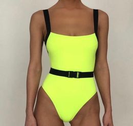 Neon Yellow Belt Buckle One Piece Swimsuit Swimwear Sexy Bikini 2020 Summer Monokini High Cut Bathing Suit Women Bathers6414341