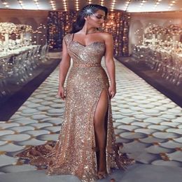 2022 Sexy Rose Gold Sequins Lace Mermaid Bridesmaid Dresses For Weddings Guest One Shoulder Side Split Party Sequined Maid of Honour Gow 245K