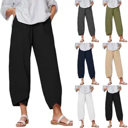 Women's Pants Plus Size Ankle Length Women Cotton Linen Summer Beachside Elastic Waist Trousers Solid Loose Fit Casual Cropped