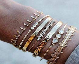 Bohemian Lady Golden Tassel Chain Crystal Charm Bracelet Set For Women Fashion Punk Arrow Opal Open Boho Beach Bangle Jewelry4744734
