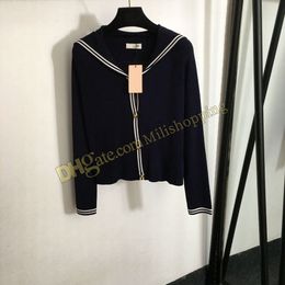 100% Tencel Cardigan for Woman Embroidered Letter Navy Collar Sweater Blue Long Top Partydress Jumpers Pullover