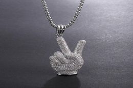 Hip Hop Full A CZ Stone Paved Bling Ice Out Victory Gesture Pendants Necklace for Men Rapper Jewelry Silver Color8942403