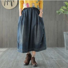 Skirts 2024 Spring Autumn Arts Style Women Elastic Waist Loose Cotton Denim Vintage Blue Casual Solid A-line Long Skirt C691