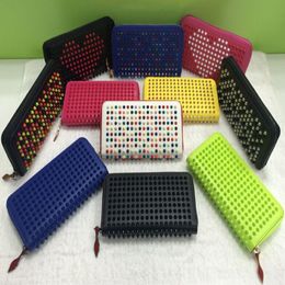 wholesale Long Style Panelled Spiked Clutch Women's Patent Leather Mixed Colour Rivets Party Clutches Lady Long Purses with Spikes 242v