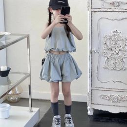 Clothing Sets Girls Summer Set 2024 Casual Solid Colour Sleeveless Lantern Top And Skirt Lightweight Two Pieces Comfortable