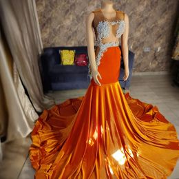 Orange Prom Dresses for Special Occasions Promdress Illusion Appliqued Beaded Sheer Neck Velvet Birthday Party Dress Second Reception Gowns for Black Women AM878