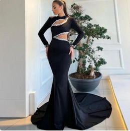 Black Prom Dresses Long Sleeves Jewel Neck Crystals Beaded Cutaway Bust Waist Custom Made Floor Length Evening Gown Formal Ocn Wear Vestidos Plus Size BC18811