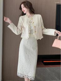 Work Dresses French Elegant Hollow Out Lace Patchwork Matching Suit Spring Fall Women Slim Short Jacket Skirt Two Piece Set Tops Outfit