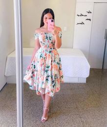 Party Dresses Floral Print Women Dress Butterfly Pink Summer Short Sleeve Flower Slash Neck Sexy Boho Elegant Casual For 2024