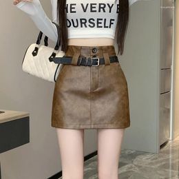 Skirts Retro High Waist A-line PU Mini Skirt Women Fashion Autumn Winter Short Leather Ladies Sexy Package Hip