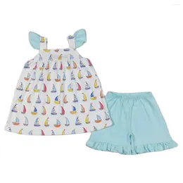 Clothing Sets Wholesale Toddler Boats Tops Kids Blue Cotton Shorts Baby Girl Boutique Set Children Summer Infant Two Pieces Outfit