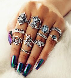 11pcsSets Band Nail Ring Sets Bohemian Carved Leaf Flowers Pure Blue Gemstone Elegant Designer Women Jewelry Accessories Vintage 9184572