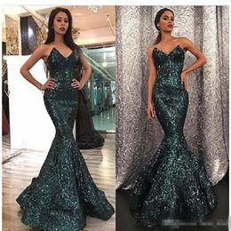 Sequins Evening Dresses 2019 Mermaid Fashion Curved Sweetheart Neck Hunter Colour Sweep Train Dubai Prom Gowns abendkleider 162S