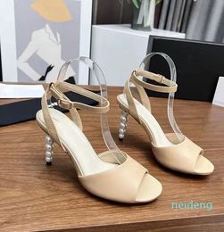 Designer Luxury pure color high-heele Sandals classic leather Sexy Casual Outside Shoes lady strappy pearl heel sandal