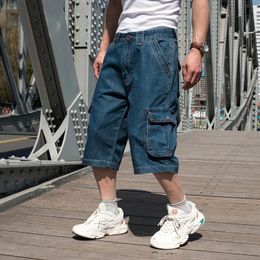 Summer Denim Cargo Cropped Pants Big Pocket Mens Shorts Hip Hop Loose Plus Fat Size Jean Short Male 240430