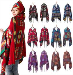 Women Bohemian Collar Plaid Hooded Blanket Cape Cloak Poncho Fashion Wool Blend Winter Outwear Shawl Scarf DDA7558599551