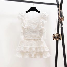 Summer Sexy Hollow Out Embroidery Lace Set Womens Suits Ruffles Short Sleeve Tops White Mini Short Skirts 2 Piece Sets 240509