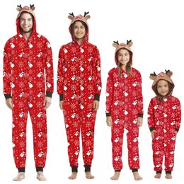 Christmas Gift for Family Pajamas Cute Deer Ear Hooded Jumpsuit Mother Father Kids Baby Matching Outfit Rompers Xmas Look 240507