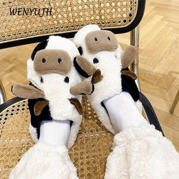 Slippers Cute Animal For Women Girls Kawaii Fluffy Plush Winter Warm Woman Cartoon Milk Cow House Funny Shoes