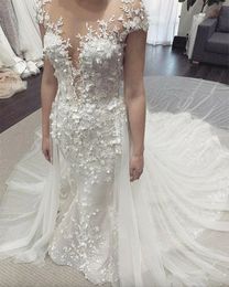 Mermaid Wedding Dresses Detachable Train Plus Size 2024 Country Garden Bridal Gown With Flower Long Train Lace robes de mariee sirene