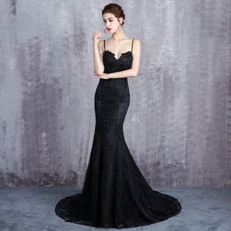 Black Mermaid Lace LongWedding Dresses With Straps Open Back Women Modern Non White Reception Gowns Simple Elegant Custom Made 2633