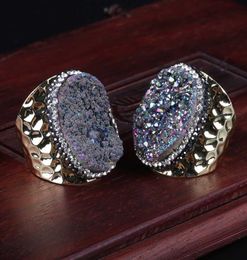 Natural Rough Oval Colour Purple Druzy Stone Bead Charm Pave Rhinestone Big Wide Wrap Hammered Gold Open Ring cuff Women Jewelry3439169