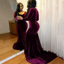 Plus Size Velvet Long Sleeves Purple Prom Dresses Mermaid Sexy V-neck Black Girls Formal Dress Court Train Long Evening Gowns 245N