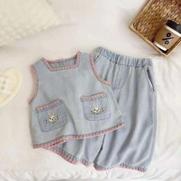 Clothing Sets Summer Children Thin Denim Clothes Embroidery Cartoon Sleeveless Tank Tops T-shirt Loose Pants 2Pcs For Kids Girls Suit