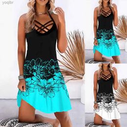 Urban Sexy Dresses Summer Womens Casual Mini Tank Dress Hawaiian Style Fashion V-neck Sleeveless Flower Print A-line Dress Womens Beach Sun DressL2405