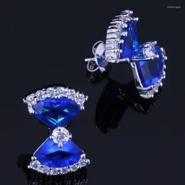 Stud Earrings Good-Looking Fan Shaped Blue Cubic Zirconia White CZ Silver Plated V0866