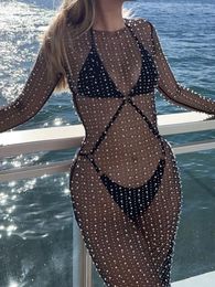 Women S Sexy Sheer Mesh Pearls Beaded Cami Cover Up Dress Pearl Rhinestone Long Sleeve Hollow Out Midi